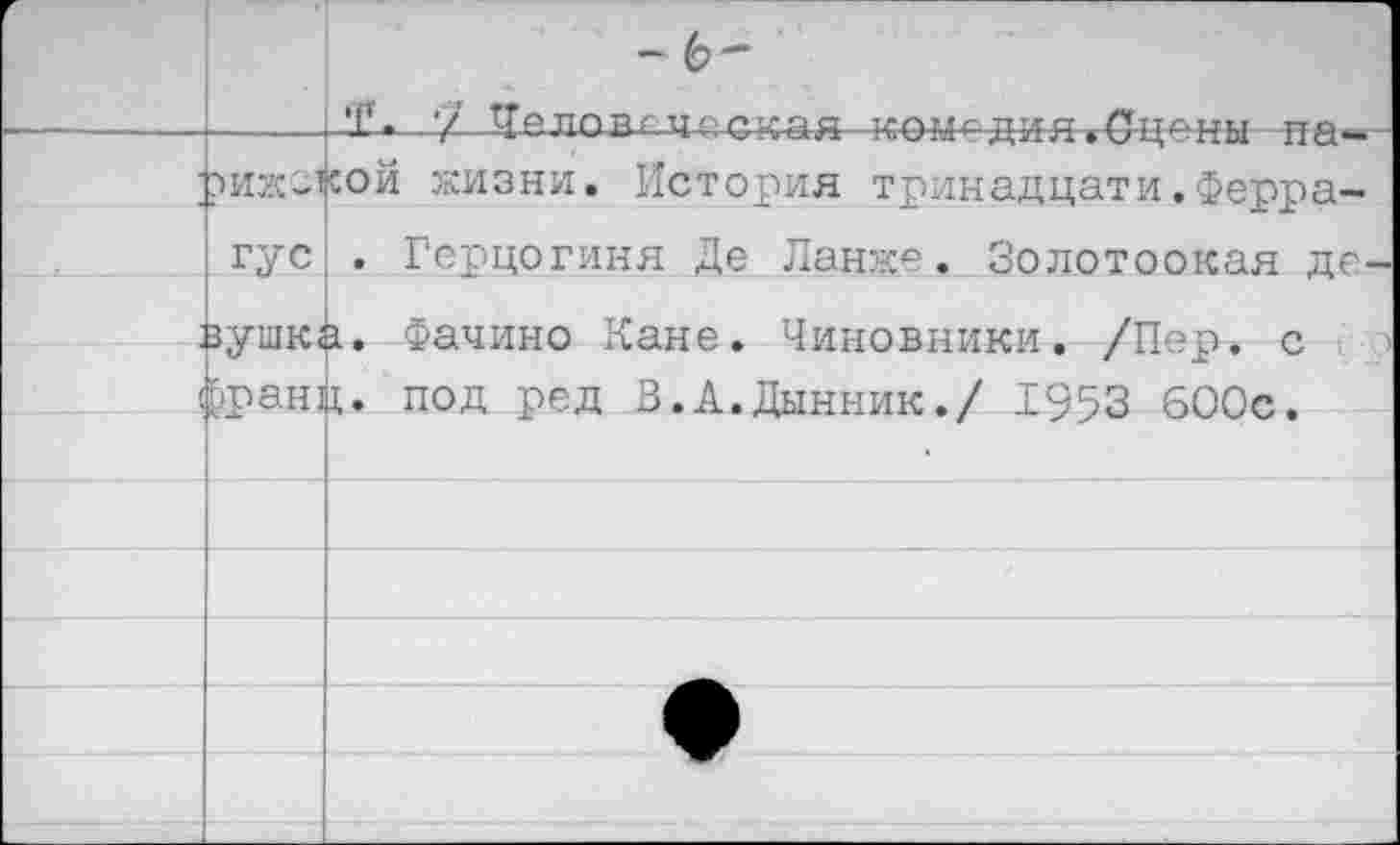 ﻿		- 6- '(Т.	ТТр Т7П П (■■ и О Г> 1ГЯ а тлли 1~ тт’’ о_. гтпт.ти гто. -
	?ИЖС1	сой жизни. История тринадцати.Ферра-
	гус	. Герцогиня Де Ланже. Золотоокая де-
	зушк<	1а. Фачино Кане. Чиновники. /Пер. с ■ X. под ред З.А.Дынник./ 1953 600с.
	рран!	
		
		
		
		
		
		